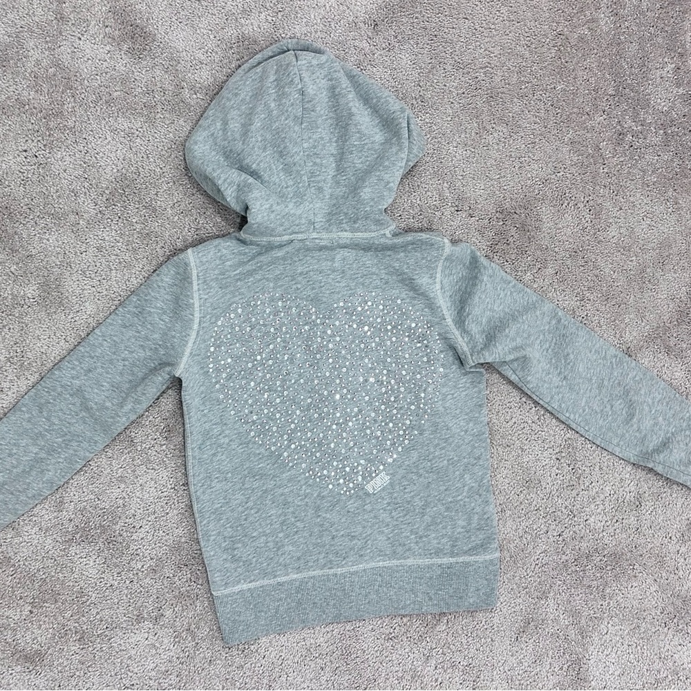 XS PINK VS Victoria’s Secret gray hooded zip up sweater BIG rhinestone heart